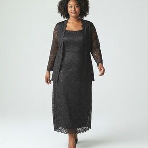 Alex Evenings Womens Black‎ Lace Sequin 2 Piece Dress Jacket Set 18W Formal Gown